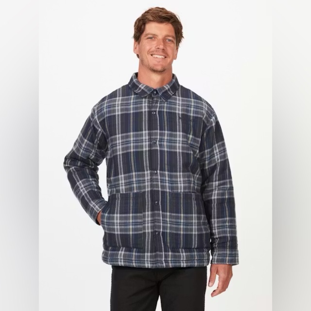 Marmot Men's Lanigan Arctic Navy Plaid Flannel Chore Coat—L